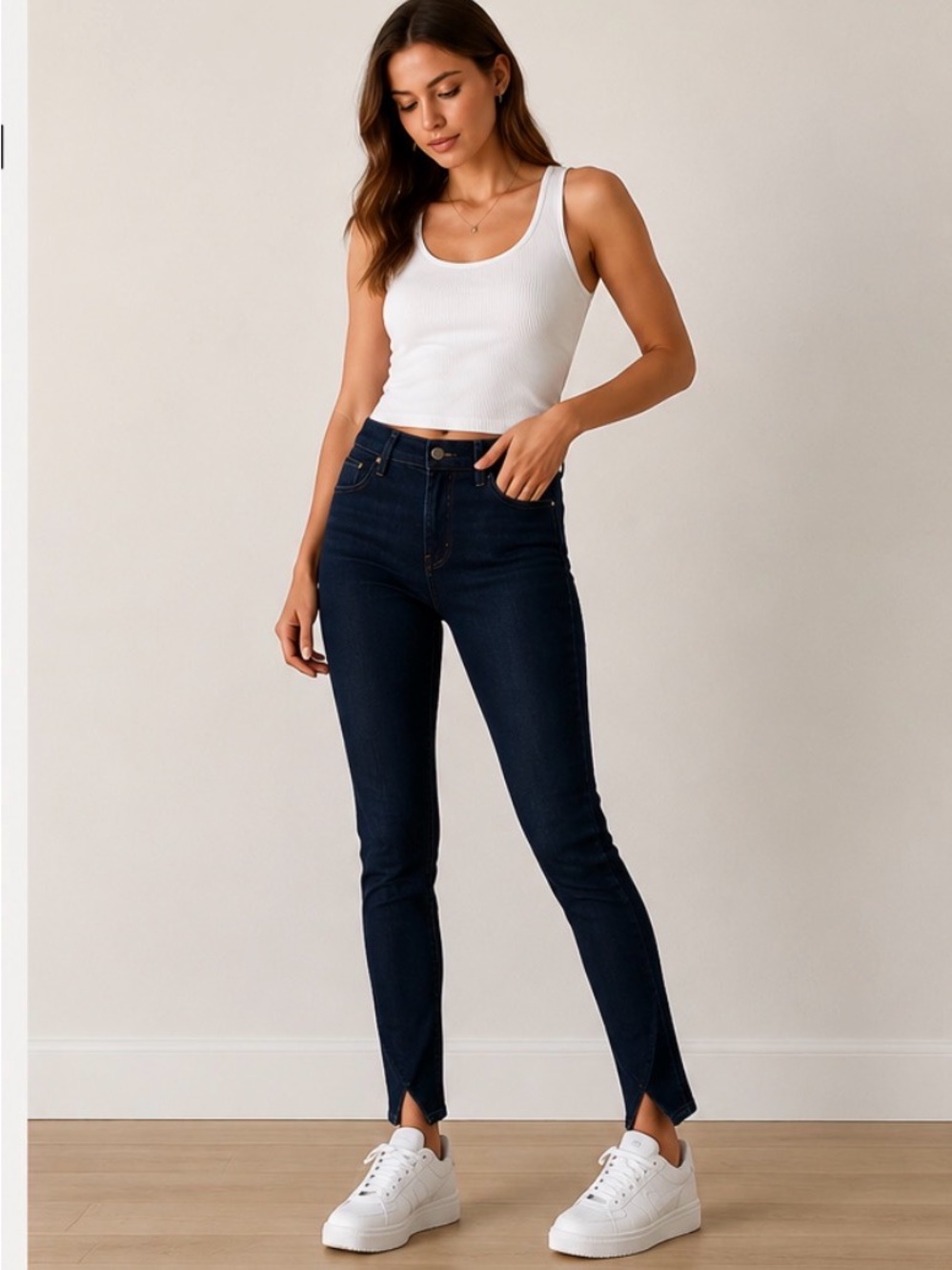 Frame Denim Dark Indigo Skinny Jeans with Split Hem